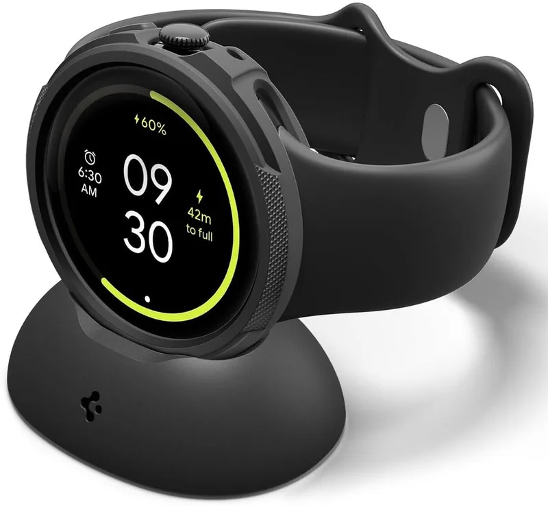 Hoesje + Oplaad Standaard Geschikt voor Google Pixel Watch 4 41MM - Liquid Air Case + Horloge Stand van Spigen in Zwart – productfoto