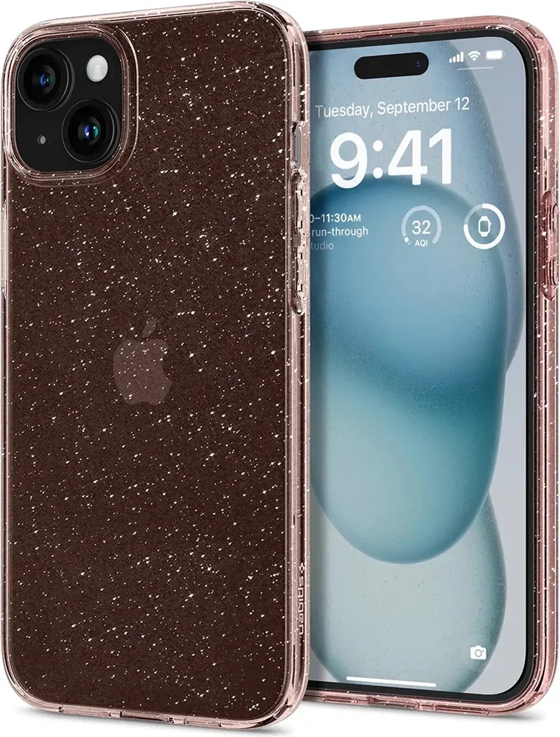 Liquid Crystal Apple iPhone 15 Hoesje Glitter Quartz från Spigen i Rosa – produktbild