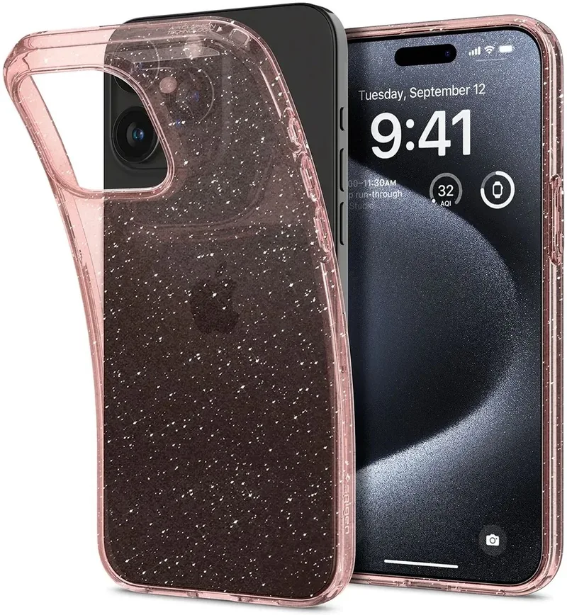 Liquid Crystal Apple iPhone 15 Pro Hoesje Glitter Quartz van Spigen in Roze – productfoto