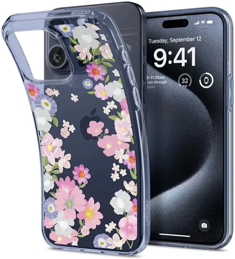 Liquid Crystal Hoesje Geschikt voor Apple iPhone 15 Pro - Back Cover TPU Bloesem från Spigen i Transparent – produktbild