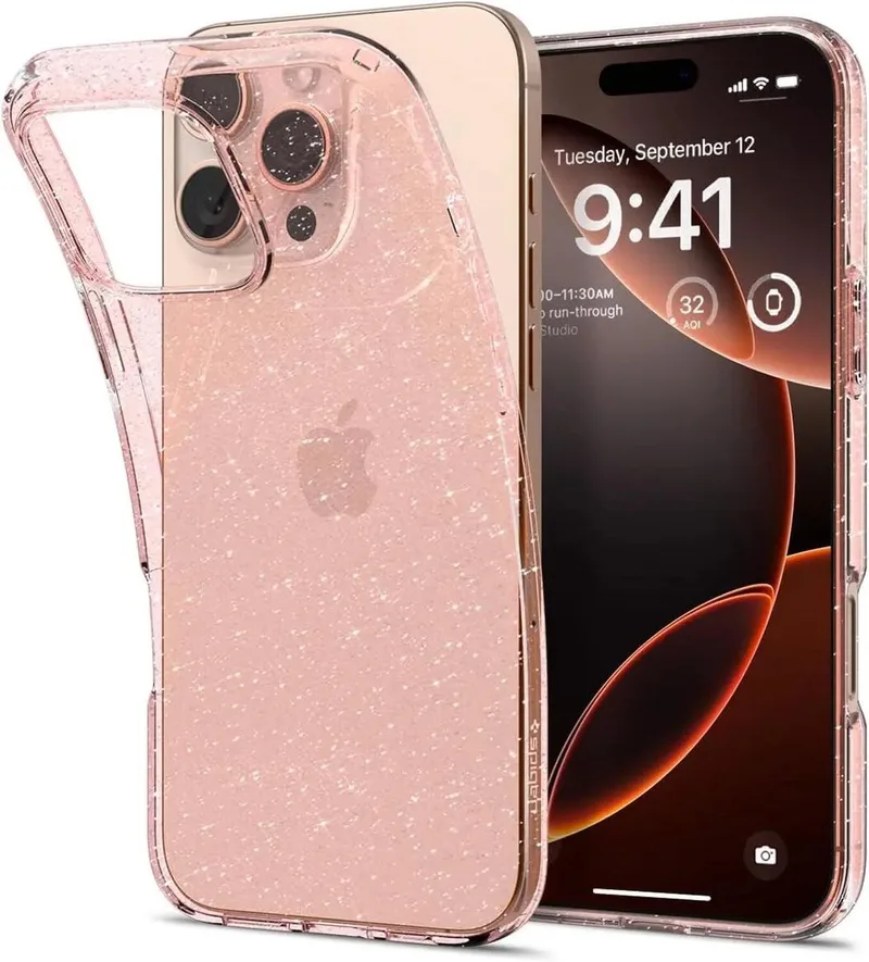Liquid Crystal Hoesje Geschikt voor Apple iPhone 16 Pro - Back Cover TPU Glitter de Spigen en Rose – photo produit