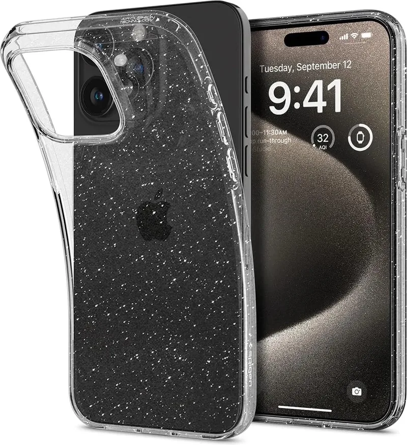 Liquid Crystal iPhone 15 Pro Max Hoesje Glitter Quartz van Spigen in Transparant – productfoto