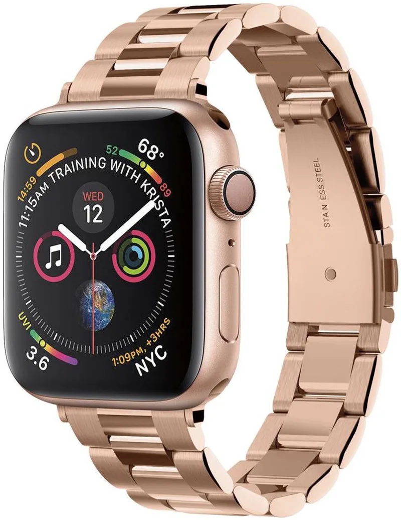 Modern Fit Apple Watch 1 / 2 / 3 / 4 / 5 / 6 / 7 / 8 / 9 / SE 41MM /40MM /38MM Bandje RVS Goud van Spigen in Roze – productfoto