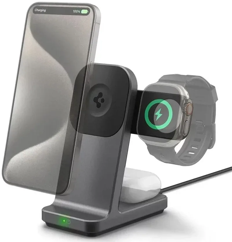 OneTap Pro - 15W 3-in-1 Draadloos Oplaadstation - Compatibel met MagSafe - geschikt voor iPhone / Apple Watch / AirPods - Gunmetal de Spigen en Gris – photo produit