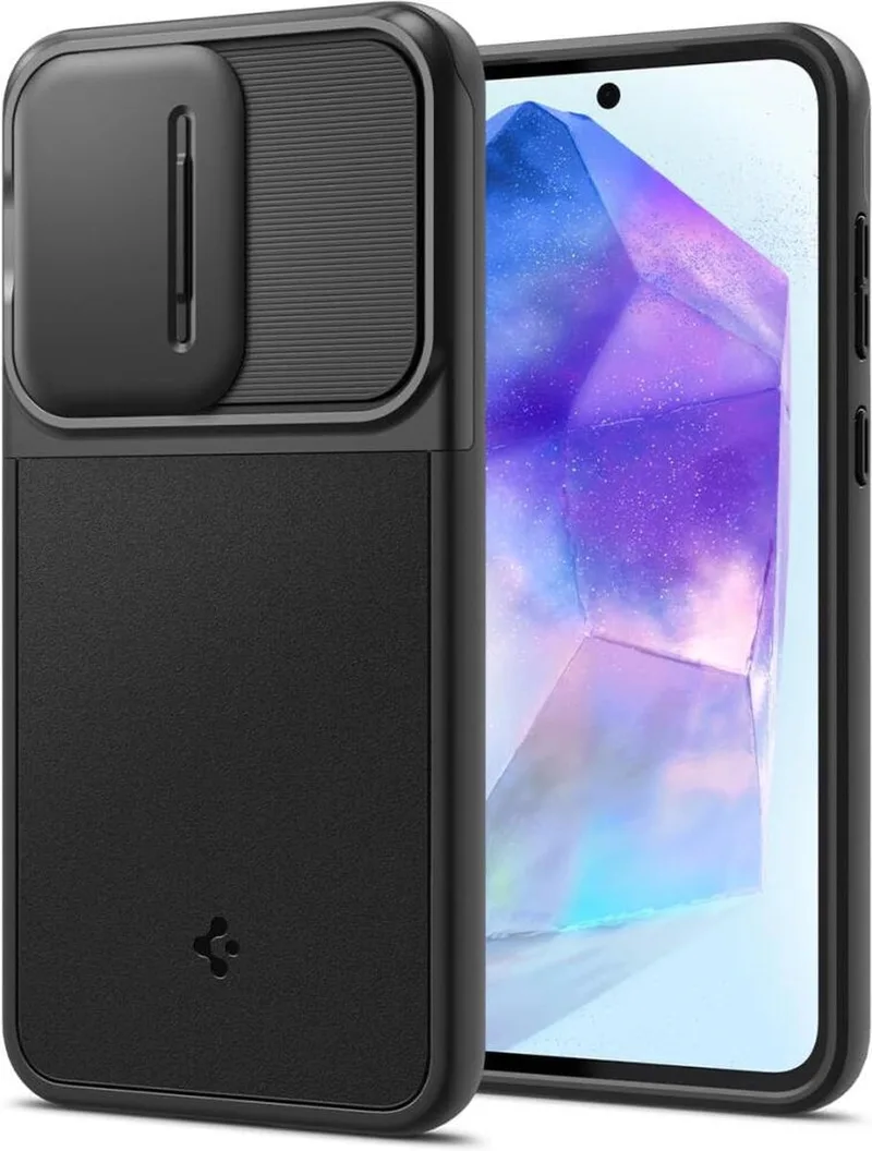 Optik Armor Samsung Galaxy A55 Hoesje Camera Slider van Spigen in Zwart – productfoto