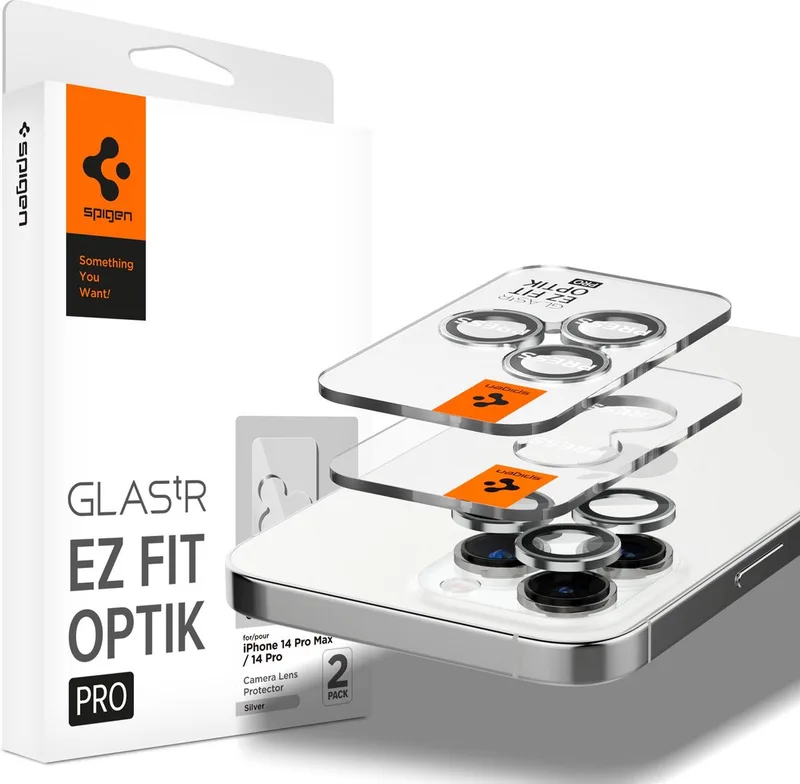 Optik EZ Fit iPhone 14 Pro / iPhone 14 Pro Max camera beschermer 2 pack van Spigen in Zilver – productfoto