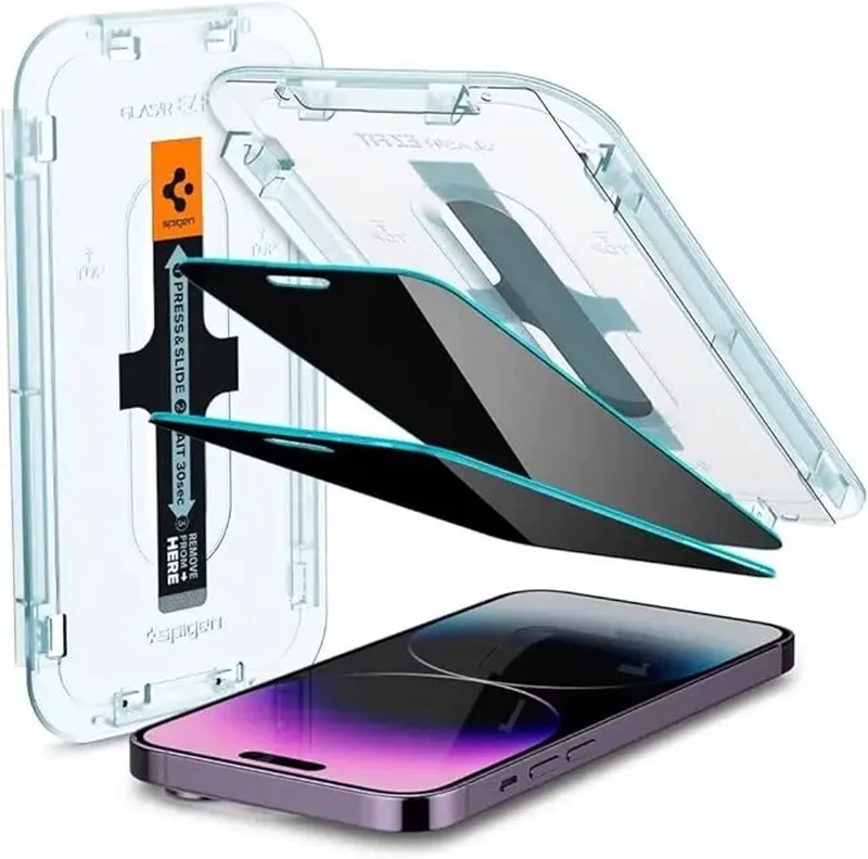 Privacy Glass Geschikt voor Apple iPhone 14 Pro Max - EZ Fit GLAS.tR - 9H Tempered Glass Screen Protector - Case Friendly - Gemakkelijke Installatie - 2-Pack van Spigen – productfoto