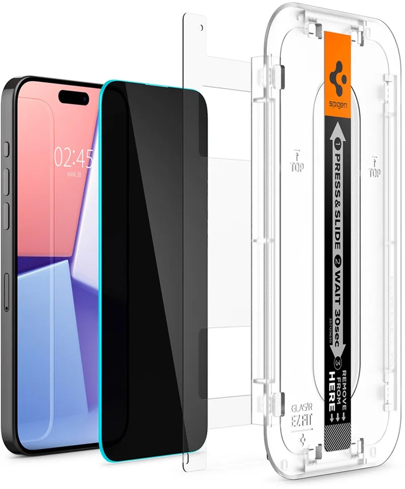Privacy Glass Geschikt voor Apple iPhone 15 Pro - EZ Fit GLAS.tR - 9H Tempered Glass Screen Protector - Case Friendly - Gemakkelijke Installatie - 1-Pack by Spigen – product photo