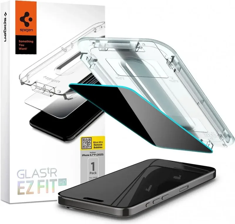 Privacy Glass Geschikt voor Apple iPhone 15 Pro Max - EZ Fit GLAS.tR - 9H Tempered Glass Screen Protector - Case Friendly - Gemakkelijke Installatie - 1-Pack van Spigen – productfoto