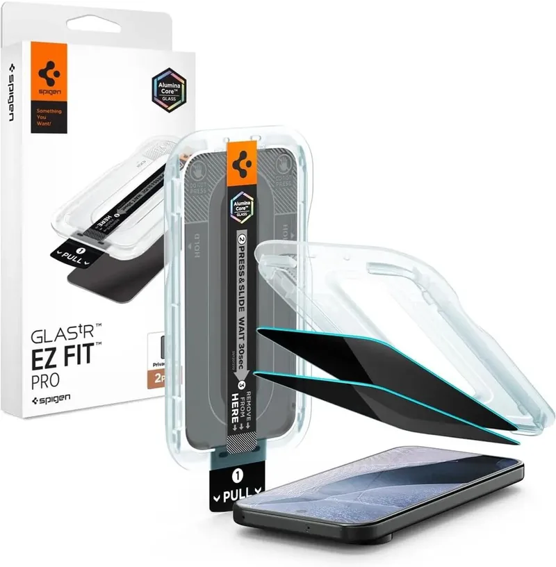 Privacy Glass Geschikt voor Google Pixel 11 Pro XL - EZ Fit GLAS.tR - 9H Tempered Glass Screen Protector - Case Friendly - Gemakkelijke Installatie - 2-Pack fra Spigen – produktbillede