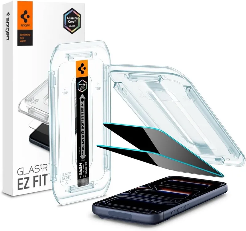 Privacy Glass Geschikt voor iPhone 17 Pro / 17 / 16 Pro - EZ Fit GLAS.tR - 9H Tempered Glass Screen Protector - Case Friendly - Gemakkelijke Installatie - 2-Pack fra Spigen – produktbillede
