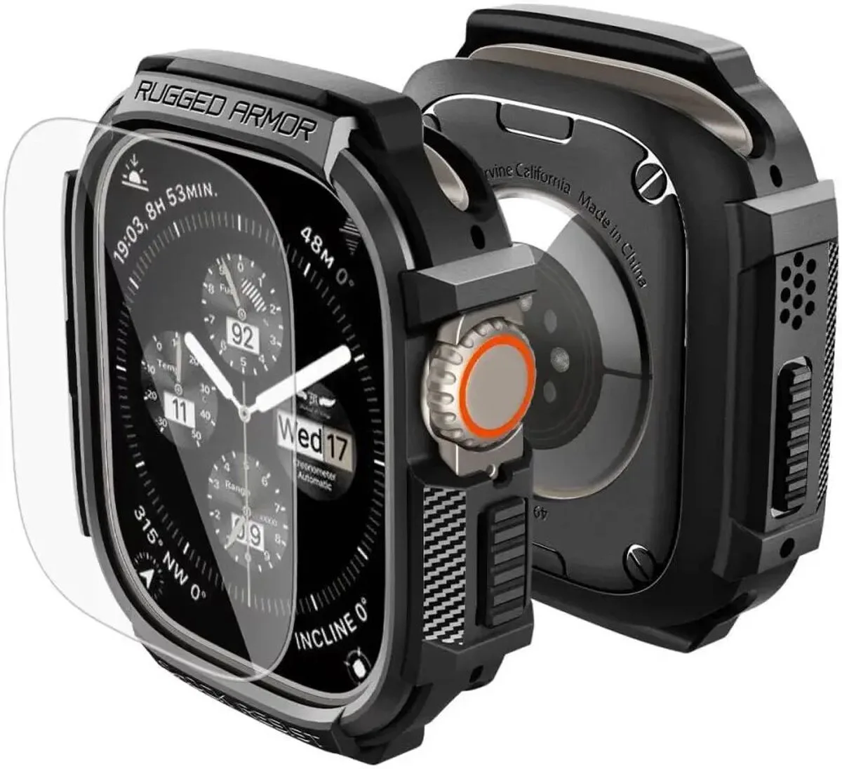 Rugged Armor Hoesje Geschikt voor Apple Watch Ultra 3/2/1 - Bumper Case met Ingebouwde Screen Protector van Spigen in Zwart – productfoto