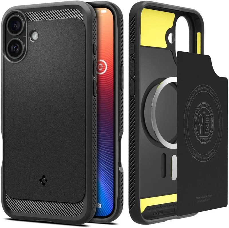 Rugged Armor MagFit - Hoesje Geschikt voor Apple iPhone 16 Plus - Back Cover Compatibel met MagSafe - Air Cushion von Spigen in Schwarz – Produktfoto
