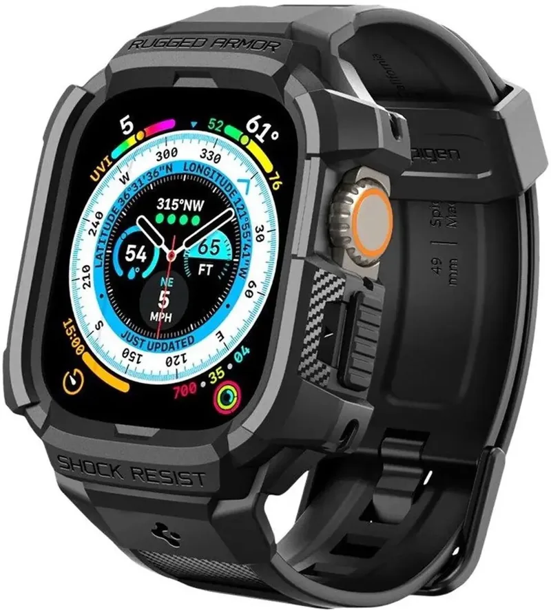 Rugged Armor Pro - Hoesje en Bandje Geschikt voor Apple Watch Ultra 49MM 3/2/1 von Spigen in Schwarz – Produktfoto