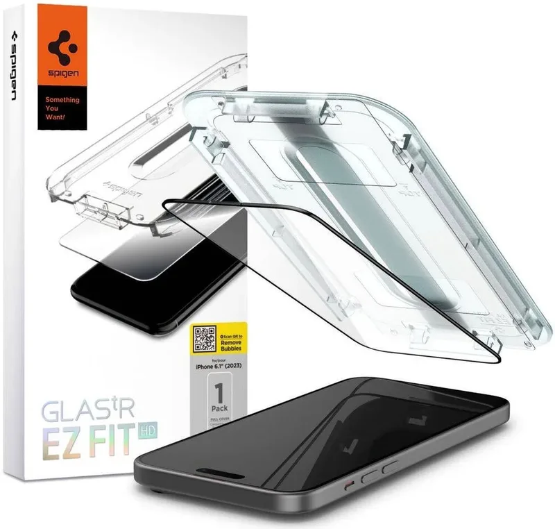 Screen Protector Geschikt voor Apple iPhone 15 - EZ Fit GLAS.tR - 9H Tempered Glass - Case Friendly - Gemakkelijke Installatie - Zwart 1-Pack by Spigen – product photo