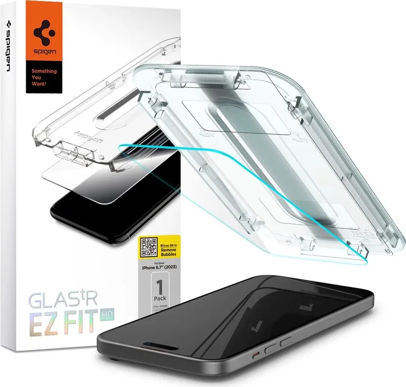 Screen Protector Geschikt voor Apple iPhone 15 Plus - EZ Fit GLAS.tR - 9H Tempered Glass - Case Friendly - Gemakkelijke Installatie - 1-Pack van Spigen – productfoto