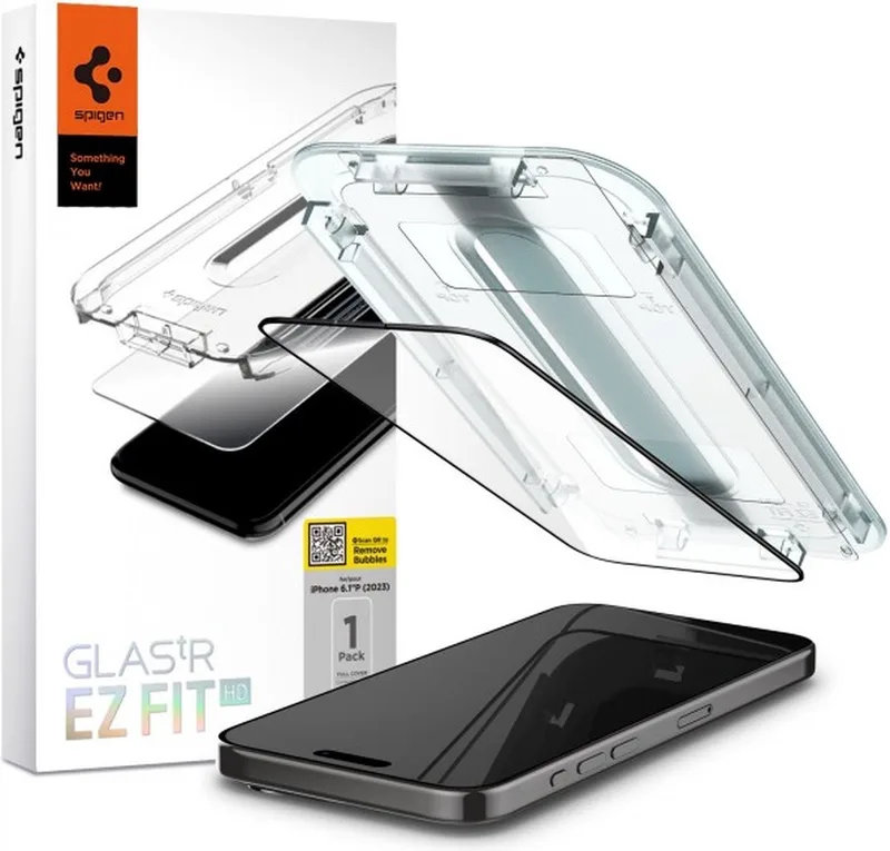 Screen Protector Geschikt voor Apple iPhone 15 Pro - EZ Fit GLAS.tR - 9H Tempered Glass - Case Friendly - Gemakkelijke Installatie - Zwart 1-Pack van Spigen – productfoto