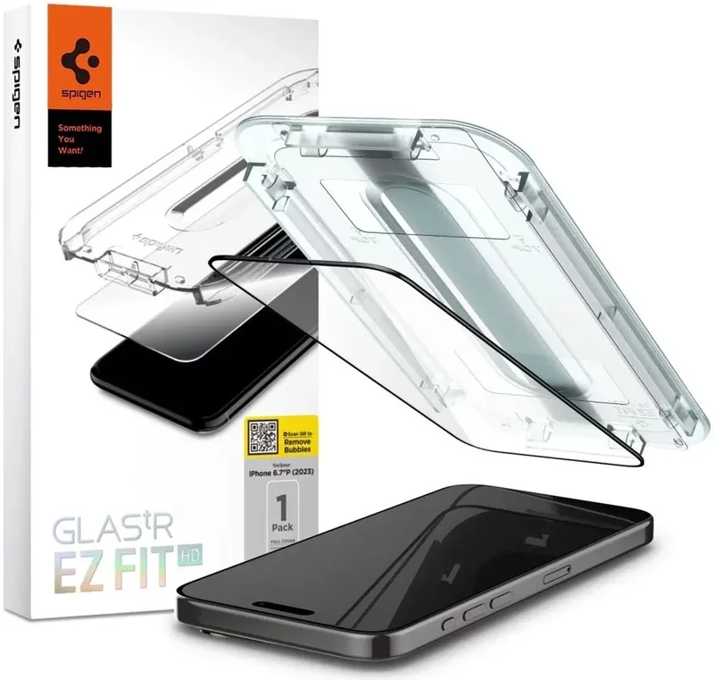 Screen Protector Geschikt voor Apple iPhone 15 Pro Max - EZ Fit GLAS.tR - 9H Tempered Glass - Case Friendly - Gemakkelijke Installatie - Zwart (1-Pack) van Spigen – productfoto