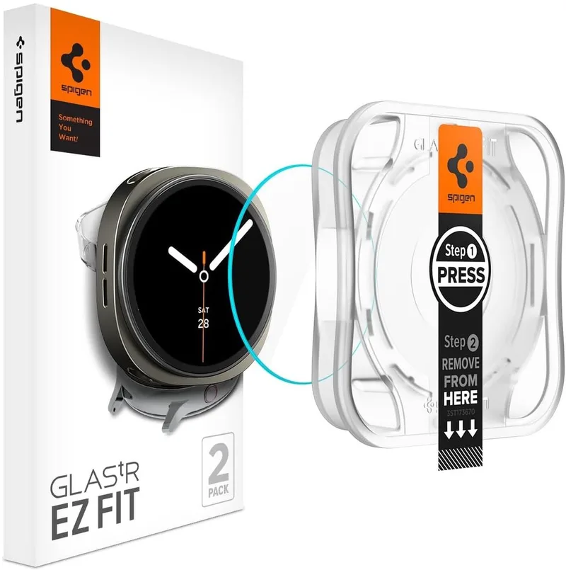 Screen Protector Geschikt voor Samsung Galaxy Watch 8 44MM - EZ Fit GLAS.tR - 9H Tempered Glass - Case Friendly - Gemakkelijke Installatie - 2-Pack by Spigen in Transparent – product photo