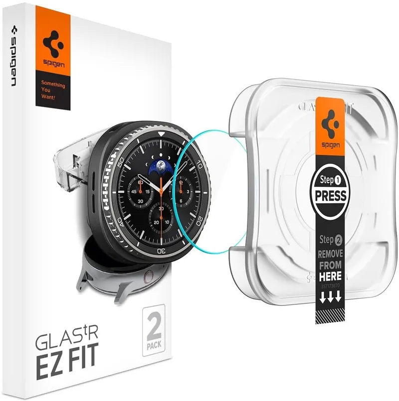 Screen Protector Geschikt voor Samsung Galaxy Watch 8 Classic - EZ Fit GLAS.tR - 9H Tempered Glass - Case Friendly - Gemakkelijke Installatie - 2-Pack by Spigen in Transparent – product photo