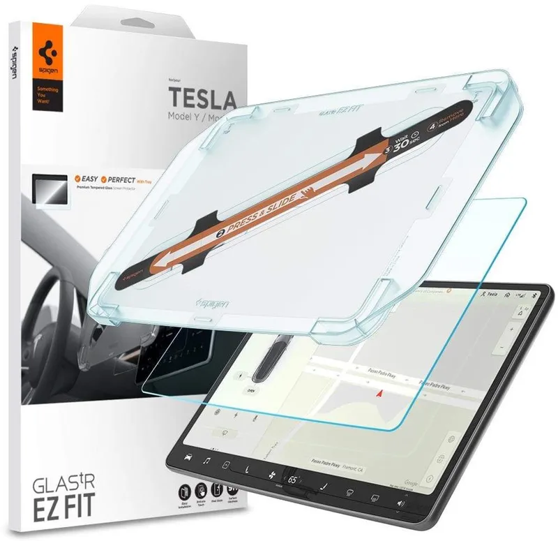 Screen Protector Geschikt voor Tesla Model 3 (2017-2023) & Tesla Model Y (2020/2024) - GlasTR EZ Fit - 9H Tempered Glass - Eenvoudige Installatie by Spigen – product photo