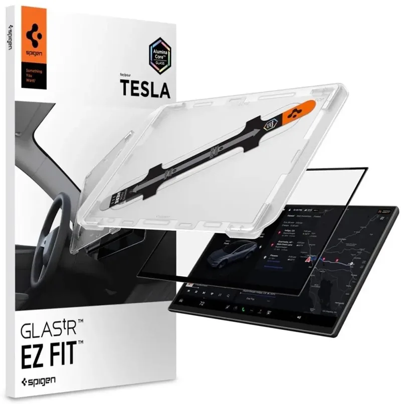 Screen Protector Geschikt voor Tesla Model Y (2024–2025) Prestatieversie / Tesla Model Y (2026) Premiumversie en Prestatieversie - GlasTR EZ Fit - 9H Tempered Glass - Eenvoudige Installatie von Spigen – Produktfoto