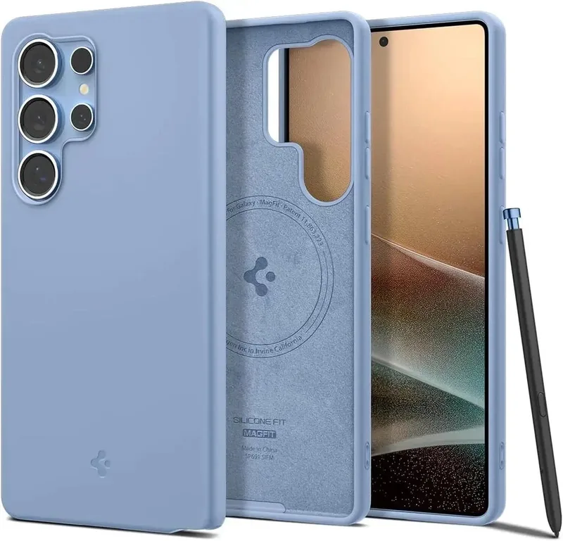 Silicone Fit MagFit - Hoesje Geschikt voor Samsung Galaxy S25 Ultra - Back Cover Compatibel met MagSafe / Qi2 fra Spigen i Blå – produktbillede