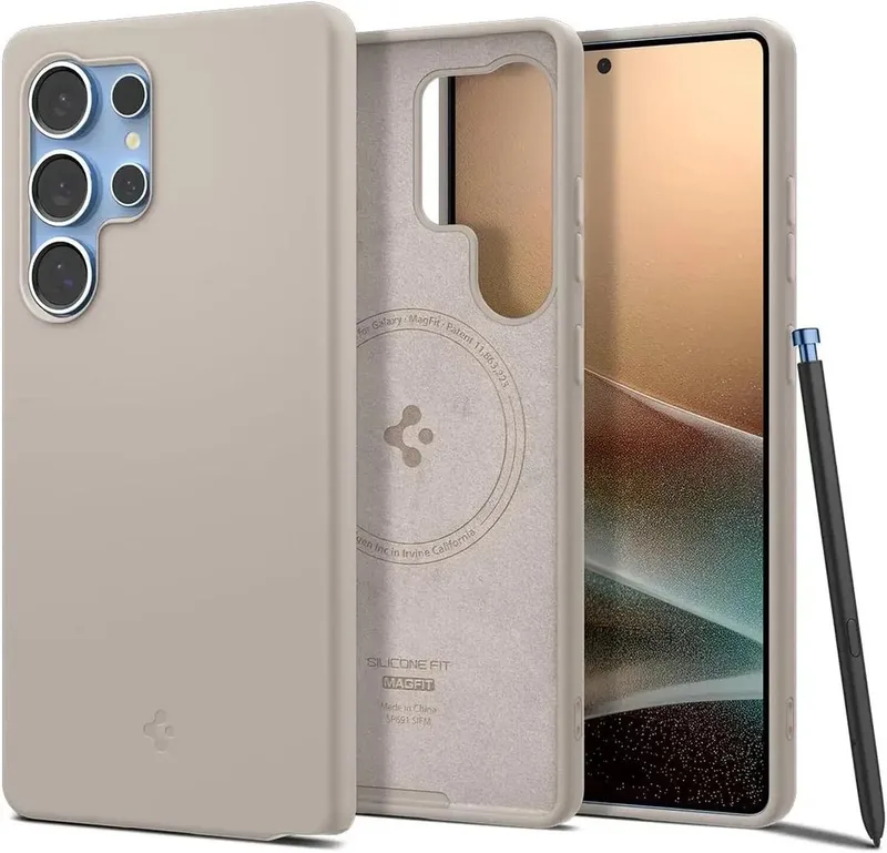 Silicone Fit MagFit - Hoesje Geschikt voor Samsung Galaxy S25 Ultra - Back Cover Compatibel met MagSafe / Qi2 - Natural Titanium fra Spigen i Grå – produktbillede