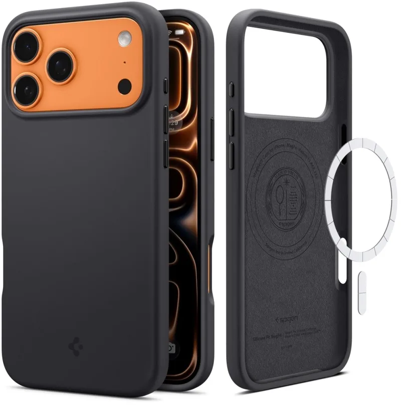 Silicone Fit Magsafe Hoesje Voor Iphone 17 Pro Flexibele Bescherming von Spigen in Schwarz – Produktfoto