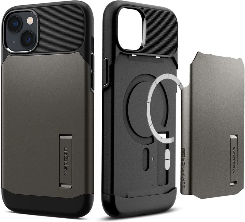 Slim Armor Apple iPhone 14 Plus Hoesje Geschikt voor Draadloos Opladen met Magnetische Ring Gunmetal de Spigen en Noir – photo produit