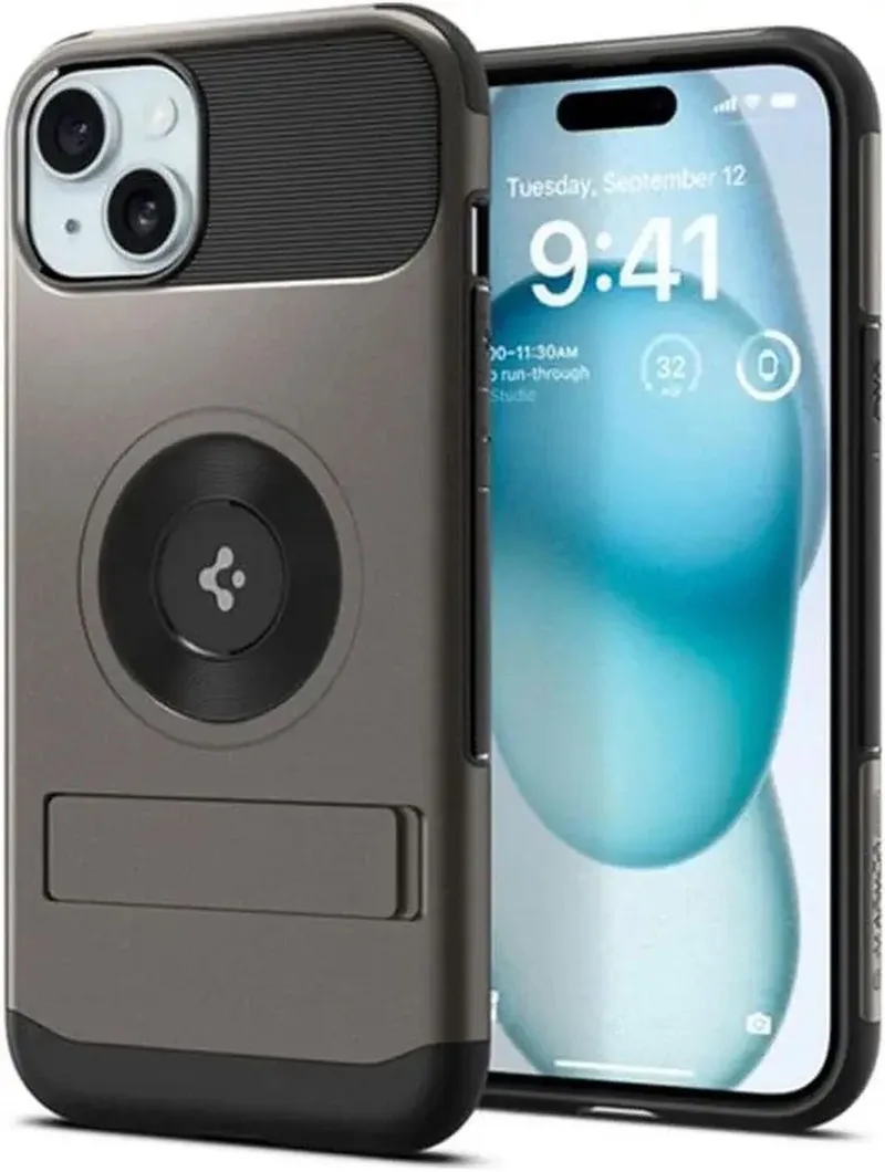 Slim Armor MagFit Hoesje Geschikt voor Apple iPhone 15 | Back Cover Compatibel met MagSafe | met Standaard | Air Cushion technologie | Gunmetal by Spigen in Grey – product photo