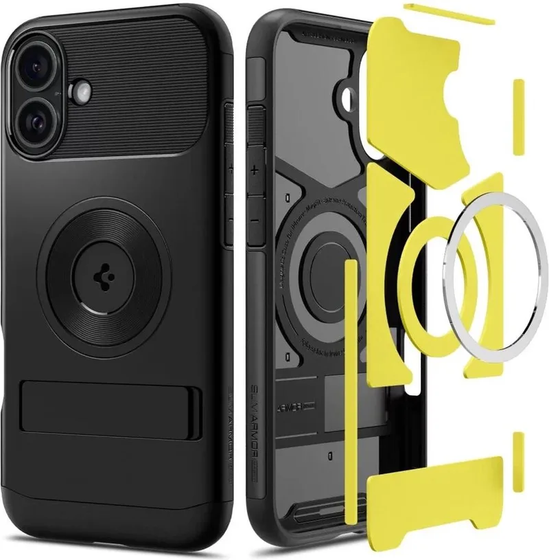 Slim Armor MagFit Hoesje Geschikt voor Apple iPhone 16 | Back Cover Compatibel met MagSafe | met Standaard | Air Cushion technologie de Spigen en Noir – photo produit