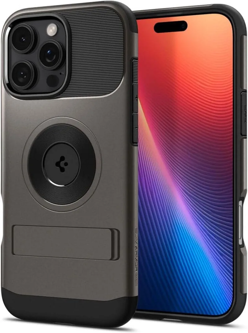 Slim Armor MagFit Hoesje Geschikt voor Apple iPhone 16 Pro | Back Cover Compatibel met MagSafe | met Standaard | Air Cushion technologie | Gunmetal de Spigen en Gris – photo produit