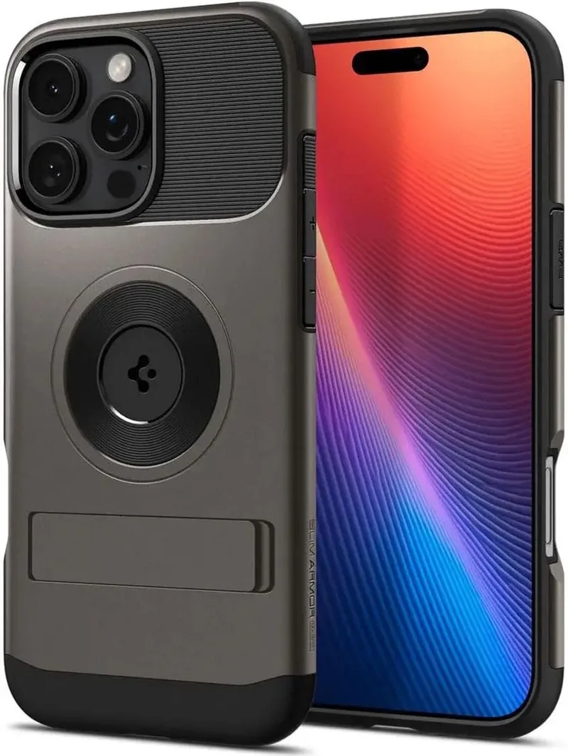 Slim Armor MagFit Hoesje Geschikt voor Apple iPhone 16 Pro Max | Back Cover Compatibel met MagSafe | met Standaard | Air Cushion technologie | Gunmetal van Spigen in Grijs – productfoto