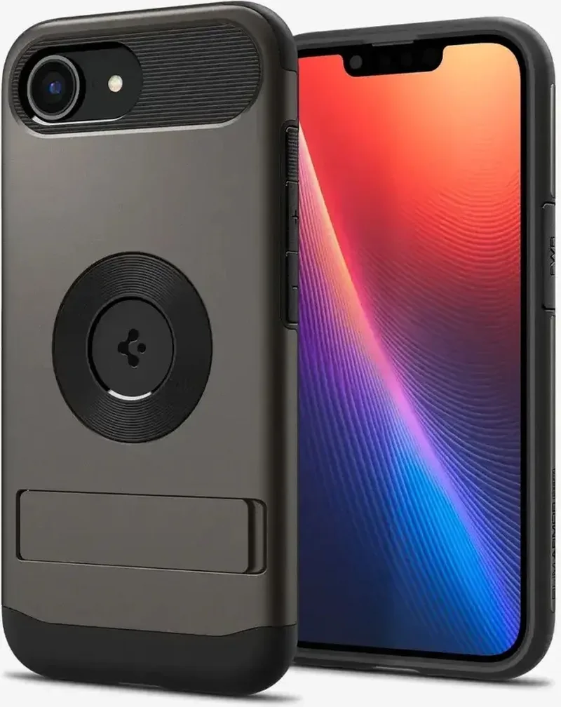 Slim Armor MagFit Hoesje Geschikt voor Apple iPhone 17e / 16e | Back Cover Compatibel met MagSafe / Qi2 | met Standaard | Air Cushion technologie | Gunmetal van Spigen in Grijs – productfoto