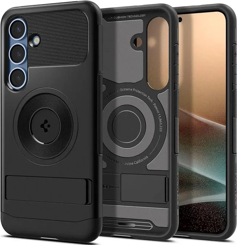 Slim Armor MagFit Hoesje Geschikt voor Samsung Galaxy S25 Plus | Back Cover Compatibel met MagSafe / Qi2 | met Standaard | Air Cushion technologie van Spigen in Zwart – productfoto