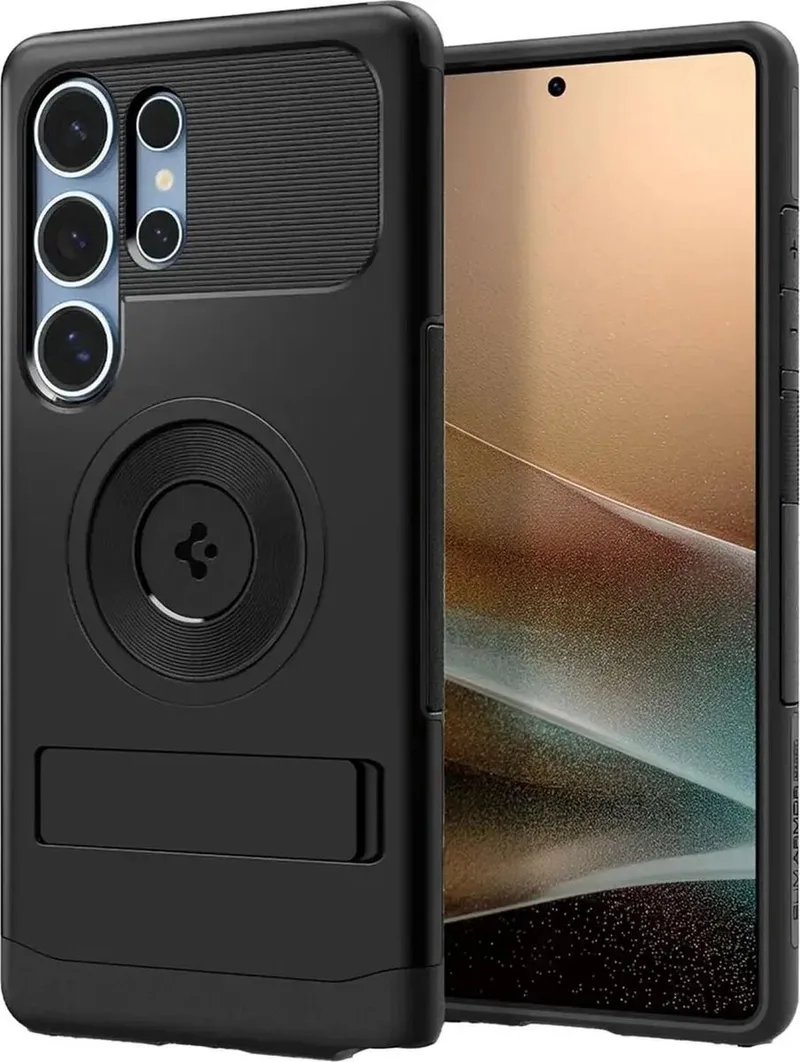 Slim Armor MagFit Hoesje Geschikt voor Samsung Galaxy S25 Ultra | Back Cover Compatibel met MagSafe / Qi2 | met Standaard | Air Cushion technologie van Spigen in Zwart – productfoto