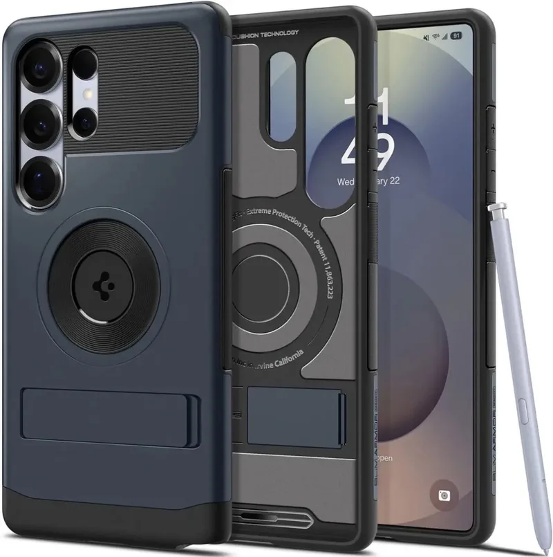 Slim Armor MagFit Hoesje Geschikt voor Samsung Galaxy S25 Ultra | Back Cover Compatibel met MagSafe / Qi2 | met Standaard | Air Cushion technologie | Metal Slate van Spigen in Grijs – productfoto
