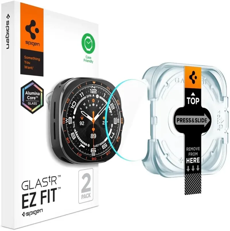 Tempered Glass Geschikt voor Samsung Galaxy Watch Ultra 2 - EZ Fit Glas.tR Screen Protector - Glasplaatje met Montageframe - 2-Pack de Spigen en Transparent – photo produit