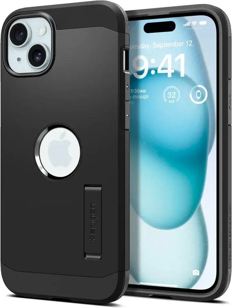 Tough Armor Hoesje geschikt voor Apple iPhone 15 | Compatible met MagSafe | Back Cover Hoesje | Uitklapbare Kick Stand de Spigen en Noir – photo produit