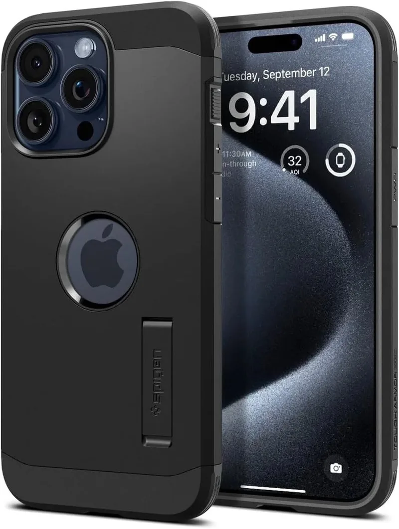 Tough Armor Hoesje geschikt voor Apple iPhone 15 Pro Max | Compatible met MagSafe | Back Cover Hoesje | Uitklapbare Kick Stand från Spigen i Svart – produktbild