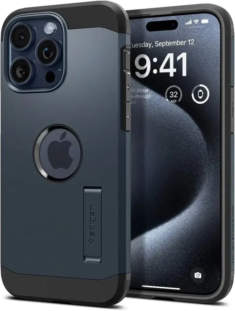 Tough Armor Hoesje geschikt voor Apple iPhone 15 Pro Max | Compatible met MagSafe | Back Cover Hoesje | Uitklapbare Kick Stand | Metal Slate fra Spigen i Sort – produktbillede