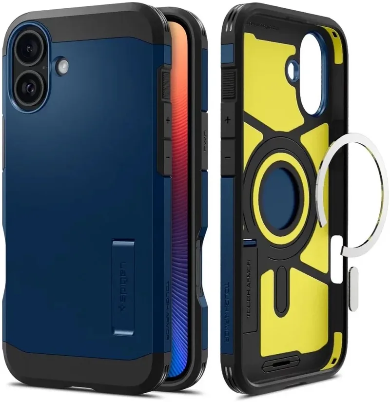 Tough Armor Hoesje Geschikt voor Apple iPhone 16 | Compatibel met MagSafe | Back Cover Militaire Standaard | Kickstand by Spigen in Blue – product photo