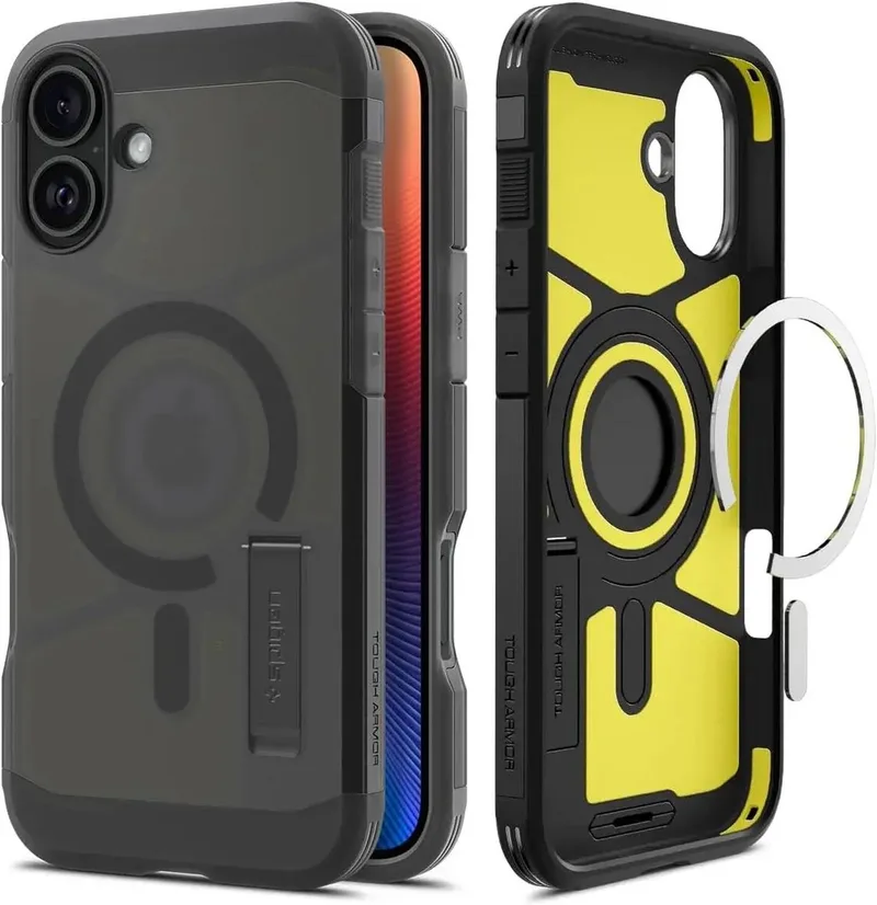 Tough Armor Hoesje Geschikt voor Apple iPhone 16 | Compatibel met MagSafe | Back Cover Militaire Standaard | Kickstand | Frost by Spigen in Black – product photo