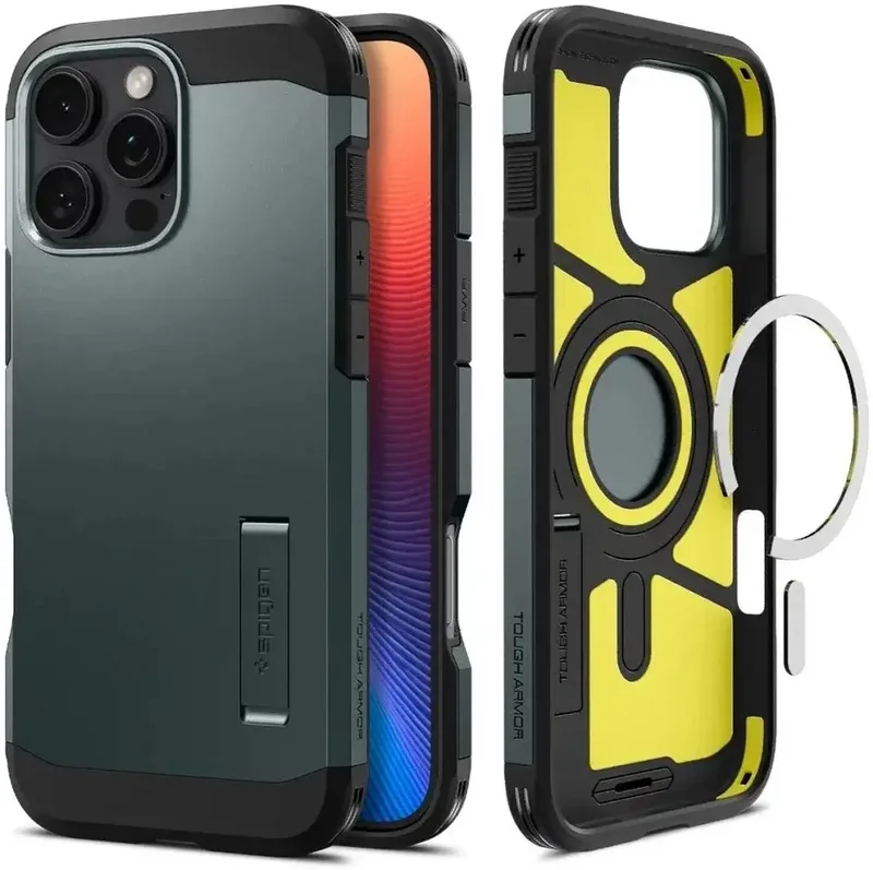 Tough Armor Hoesje Geschikt voor Apple iPhone 16 Pro | Compatibel met MagSafe | Back Cover Militaire Standaard | Kickstand von Spigen in Grün – Produktfoto
