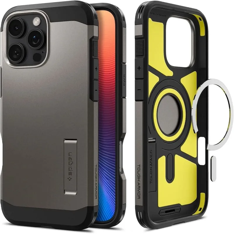 Tough Armor Hoesje Geschikt voor Apple iPhone 16 Pro | Compatibel met MagSafe | Back Cover Militaire Standaard | Kickstand | Gunmetal by Spigen in Grey – product photo