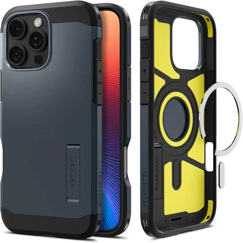 Tough Armor Hoesje Geschikt voor Apple iPhone 16 Pro | Compatibel met MagSafe | Back Cover Militaire Standaard | Kickstand | Metal Slate von Spigen in Grau – Produktfoto