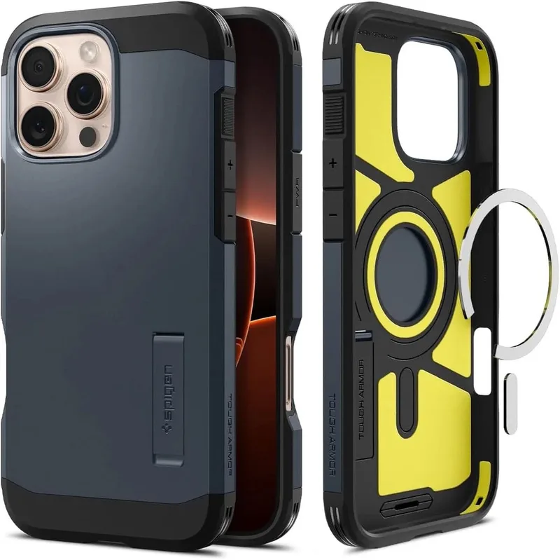 Tough Armor Hoesje Geschikt voor Apple iPhone 16 Pro Max | Compatibel met MagSafe | Back Cover Militaire Standaard | Kickstand | Metal Slate från Spigen i Blå – produktbild