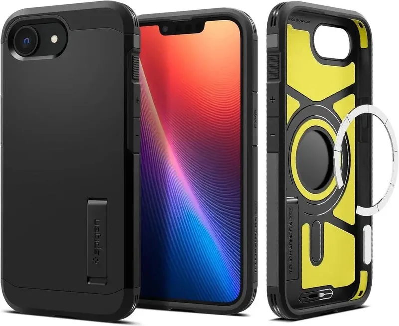 Tough Armor Hoesje Geschikt voor Apple iPhone 17e / 16e | Compatibel met MagSafe / Qi2 | Back Cover Militaire Standaard | Kickstand fra Spigen i Sort – produktbillede