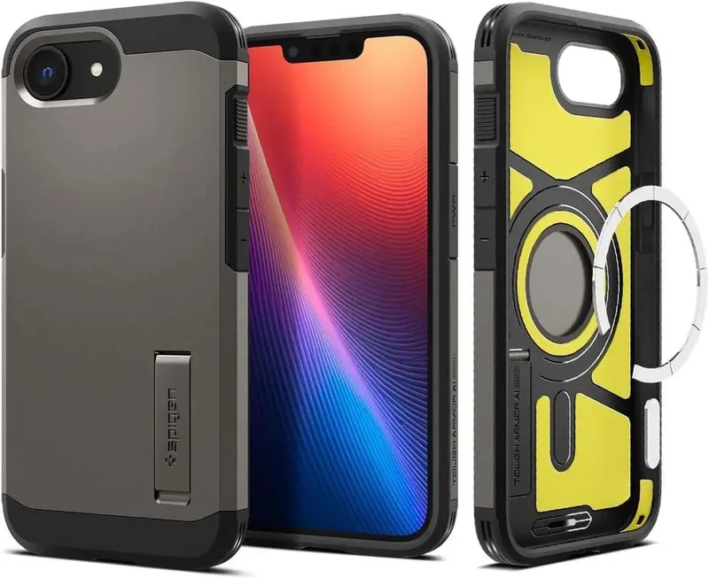 Tough Armor Hoesje Geschikt voor Apple iPhone 17e / 16e | Compatibel met MagSafe / Qi2 | Back Cover Militaire Standaard | Kickstand | Gunmetal de Spigen en Gris – photo produit
